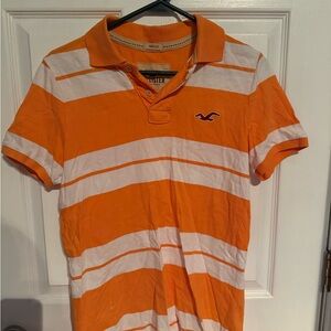 Hollister Men's Polo Shirt in Orange and White Stripes